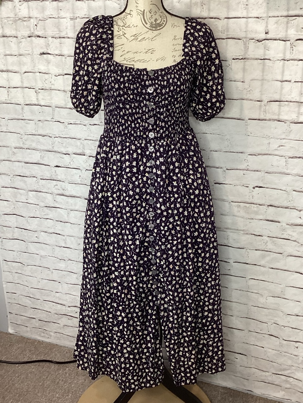 Madewell Lucie Smocked Button Front Midi Dress Blue Floral Size Medium